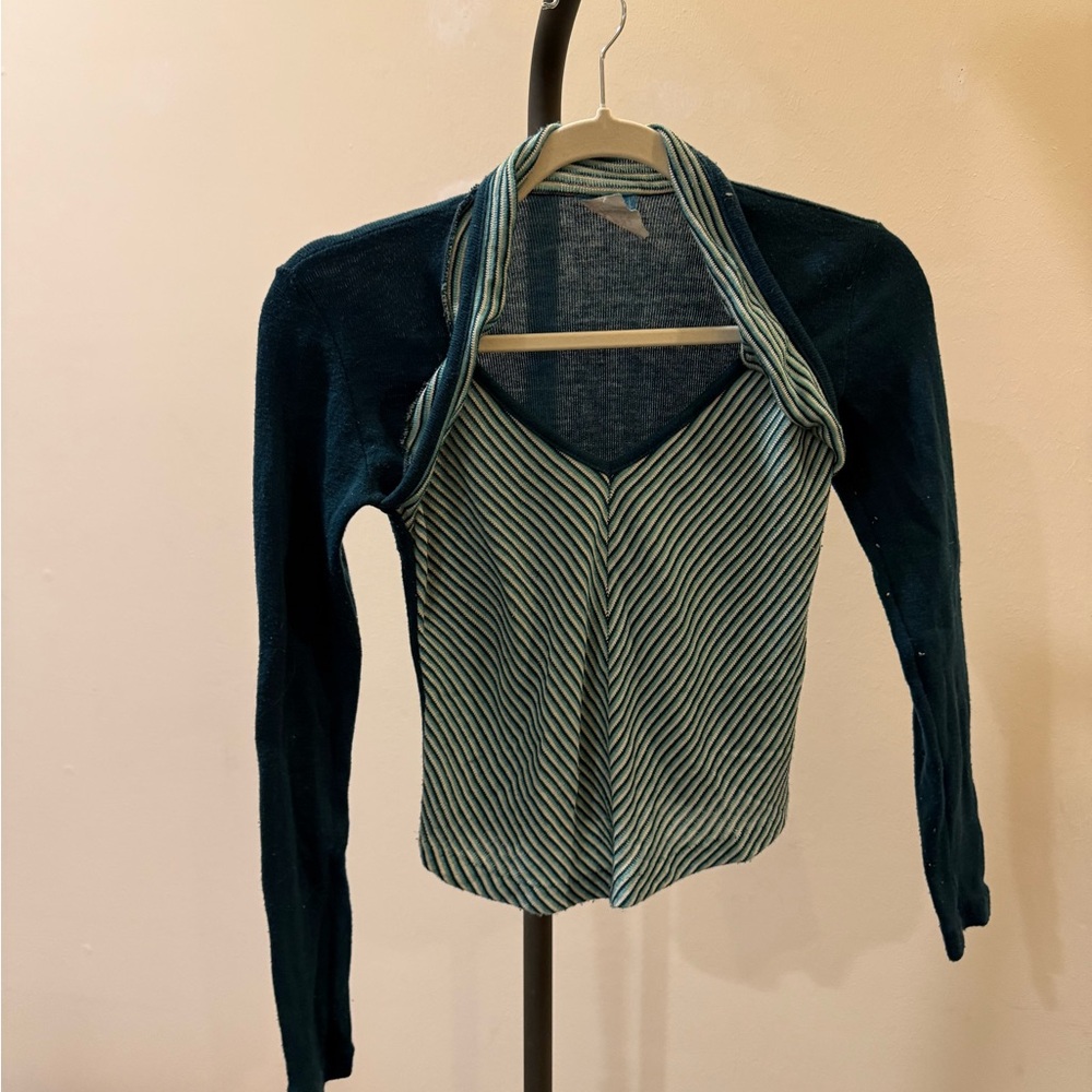 Vintage Annie Jean Green and White Fitted Long Sleeve Notched Collar Top